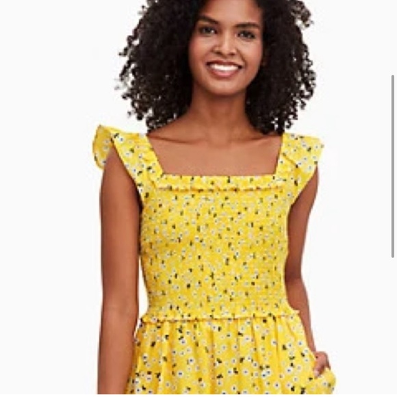 Kate Spade Fleurette Toss Voile Smocked Dress Yellow Floral Summer XS - Picture 2 of 13